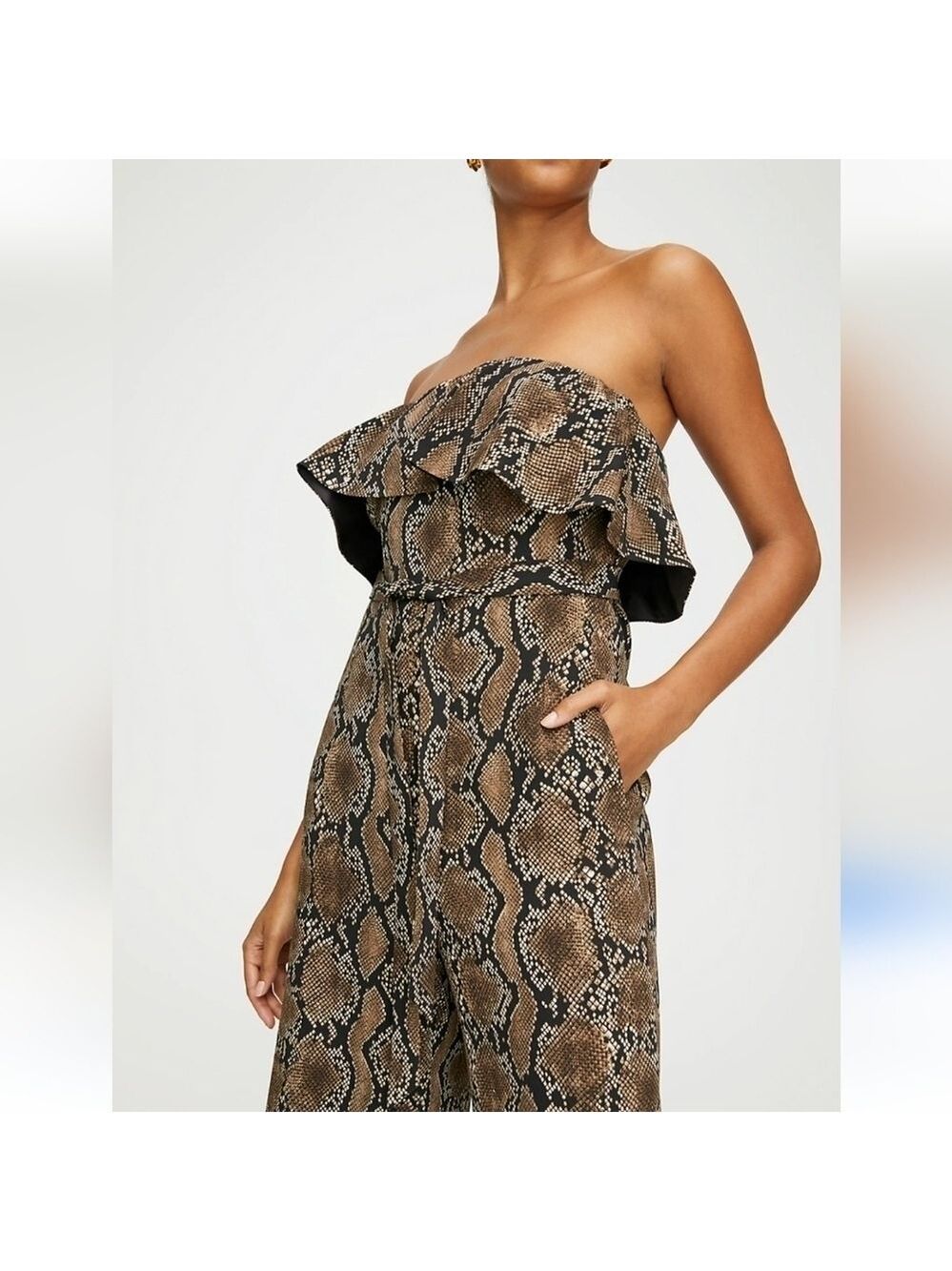 Size 6 ●.Aritzia Babaton Strapless Ruffle Snake Print Jumpsuit Romper